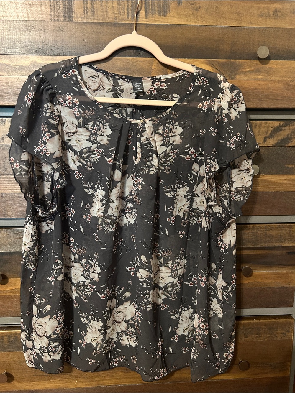 Sheer Floral Short Sleeve Blouse - Black with Cream Flowers